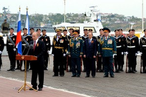 Russian President Vladimir Putin speaks during his visit to the Crimean port of Sevastopol on May 9, 2014. Putin's visit to Crimea, which was annexed by Moscow in March, is a "flagrant violation" of Ukraine's sovereignty, authorities in Kiev said today.AFP PHOTO/ YURI KADOBNOVYURI KADOBNOV/AFP/Getty Images